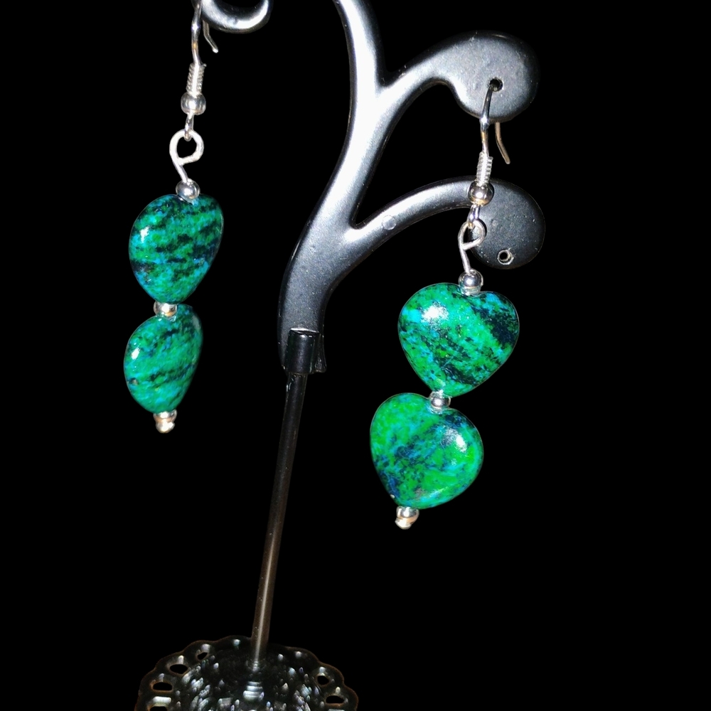 Hand Crafted Heart-Shaped Blue-Green Stone Drop Earrings